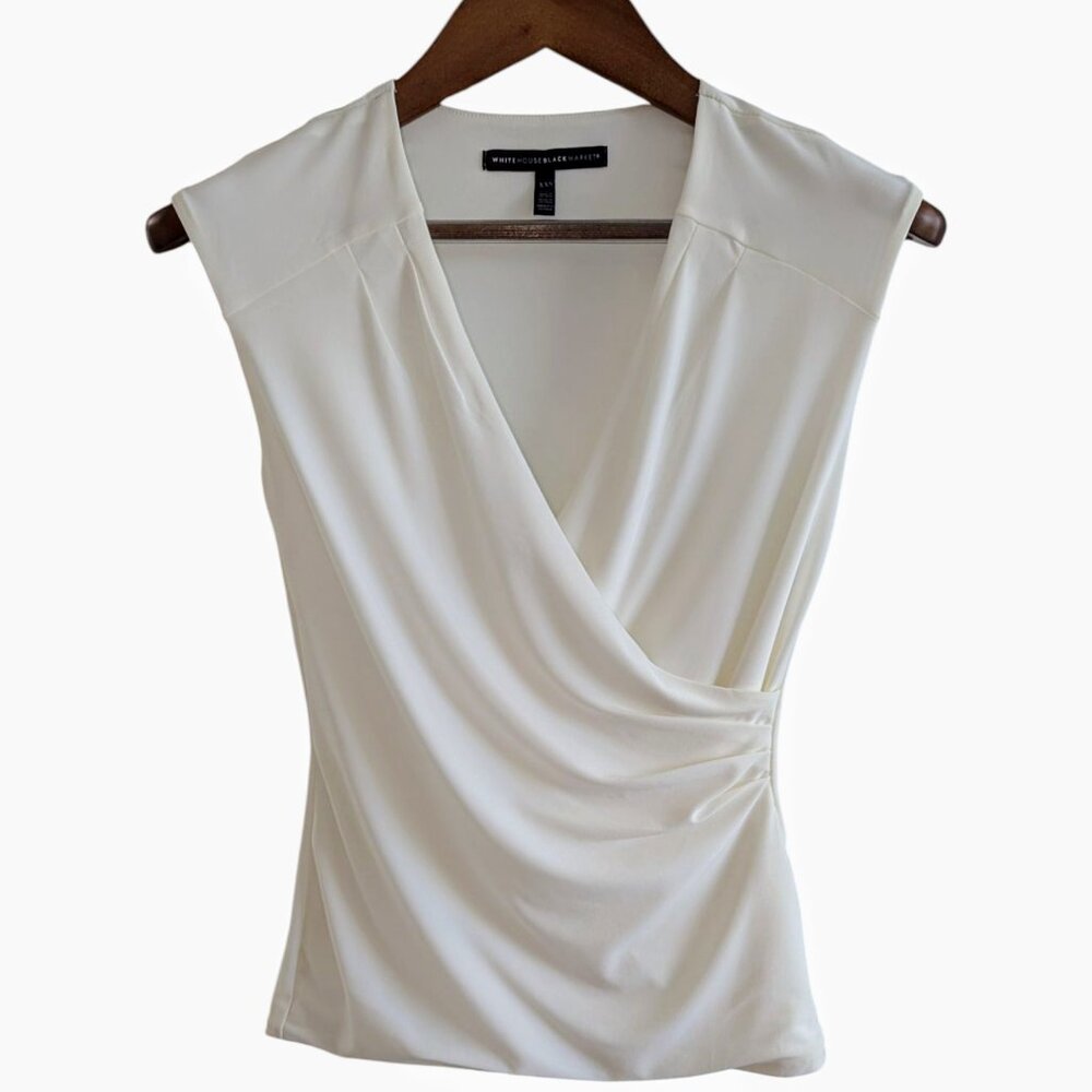 WHBM NWOT XXS Crossover Side Gathered White Ecru V-Neck Blouse Sleeveless